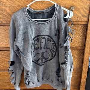 Gray Distressed Sweatshirt with Peace Sign